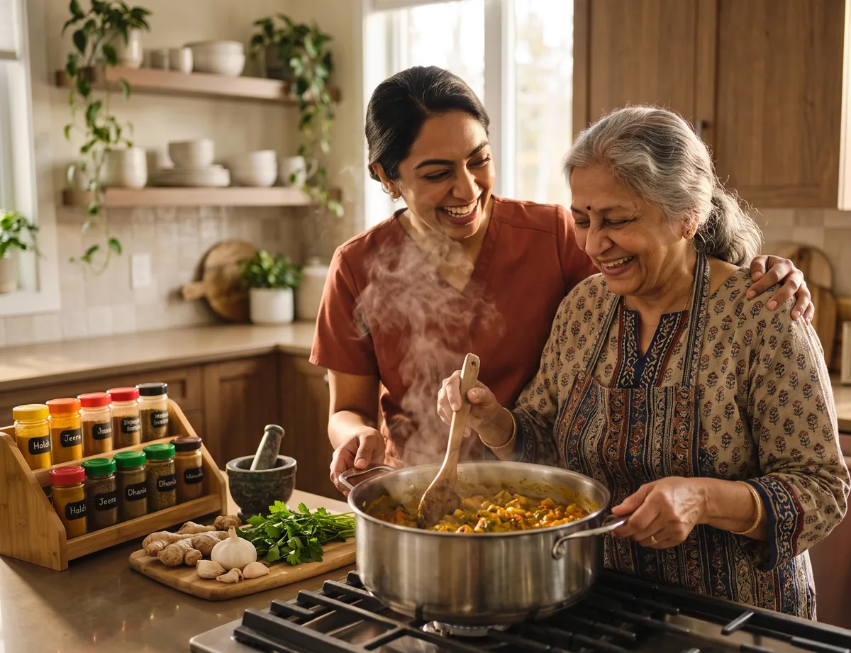 A caregiver sharing tea and conversation with a senior woman, both smiling