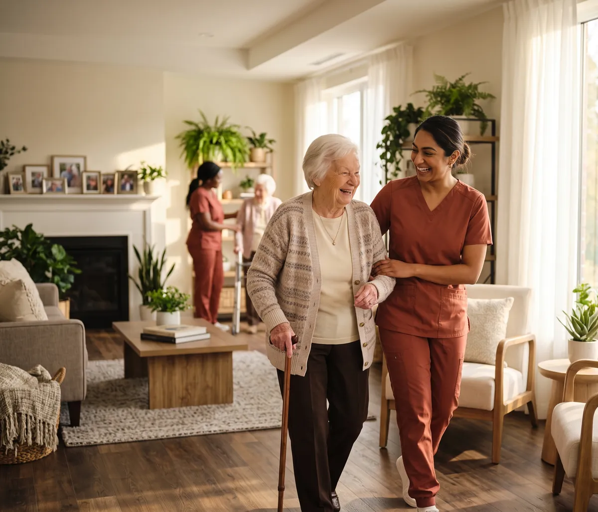 A VitalStaff Care personal support worker walking arm-in-arm with a smiling elderly resident in a bright retirement residence common room, while a second caregiver assists another resident in the background