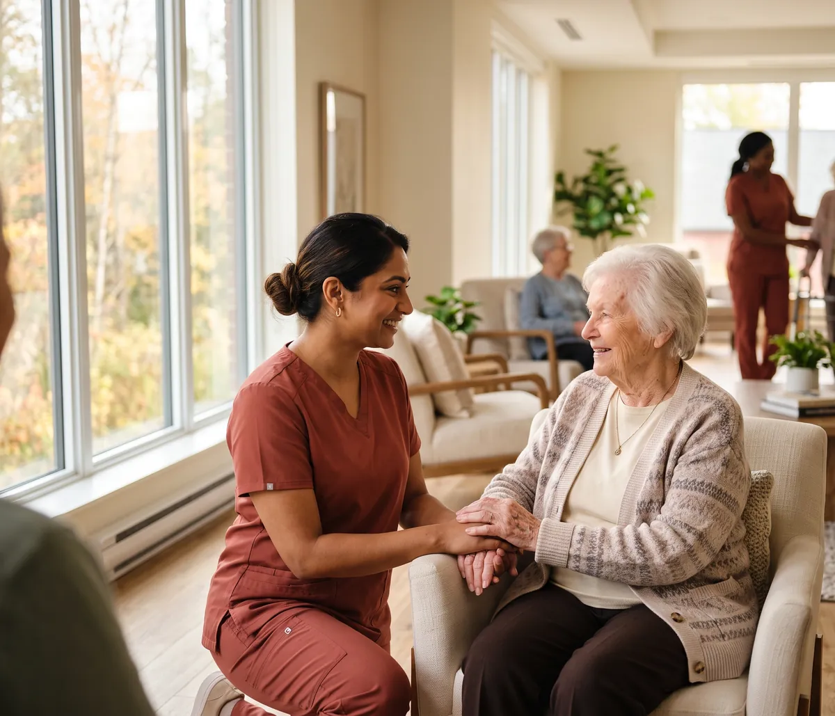 A personal support worker assisting a resident in a bright care facility common room