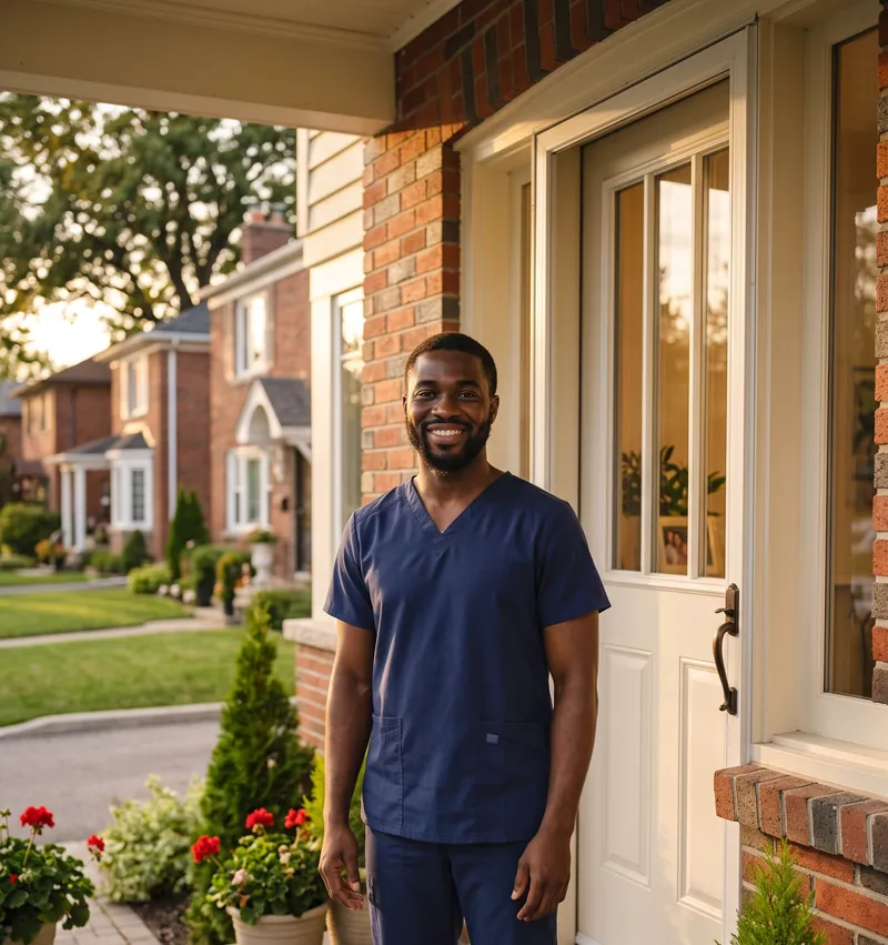A smiling male personal support worker in navy scrubs standing at the front door of a suburban Toronto home at golden hour